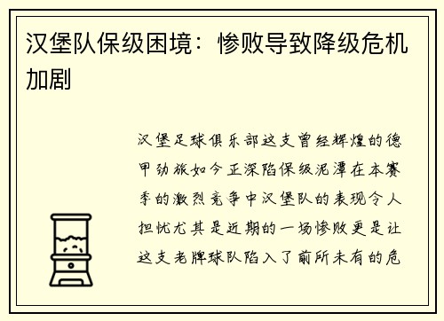 汉堡队保级困境：惨败导致降级危机加剧